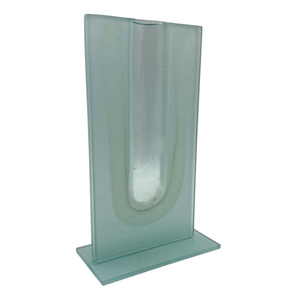 MCM ART GLASS BUD VASE AQUA WITH SATIN FINISH 9"H X 5.5" W - Picture 1 of 5